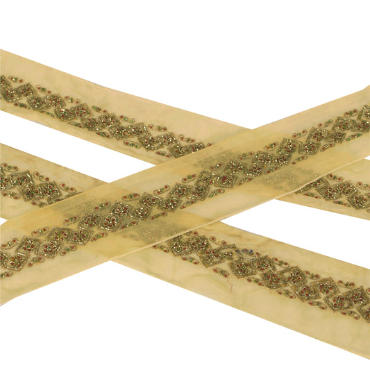 Sanskriti Vintage Sari Border Hand Beaded Zari 1 YD Cream Craft Zari Dabka Trim