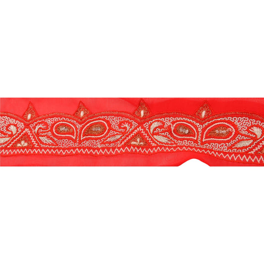Sanskriti Vintage Border Hand Beaded 1 Yard Indian Trim Sewing Red Decor Lace