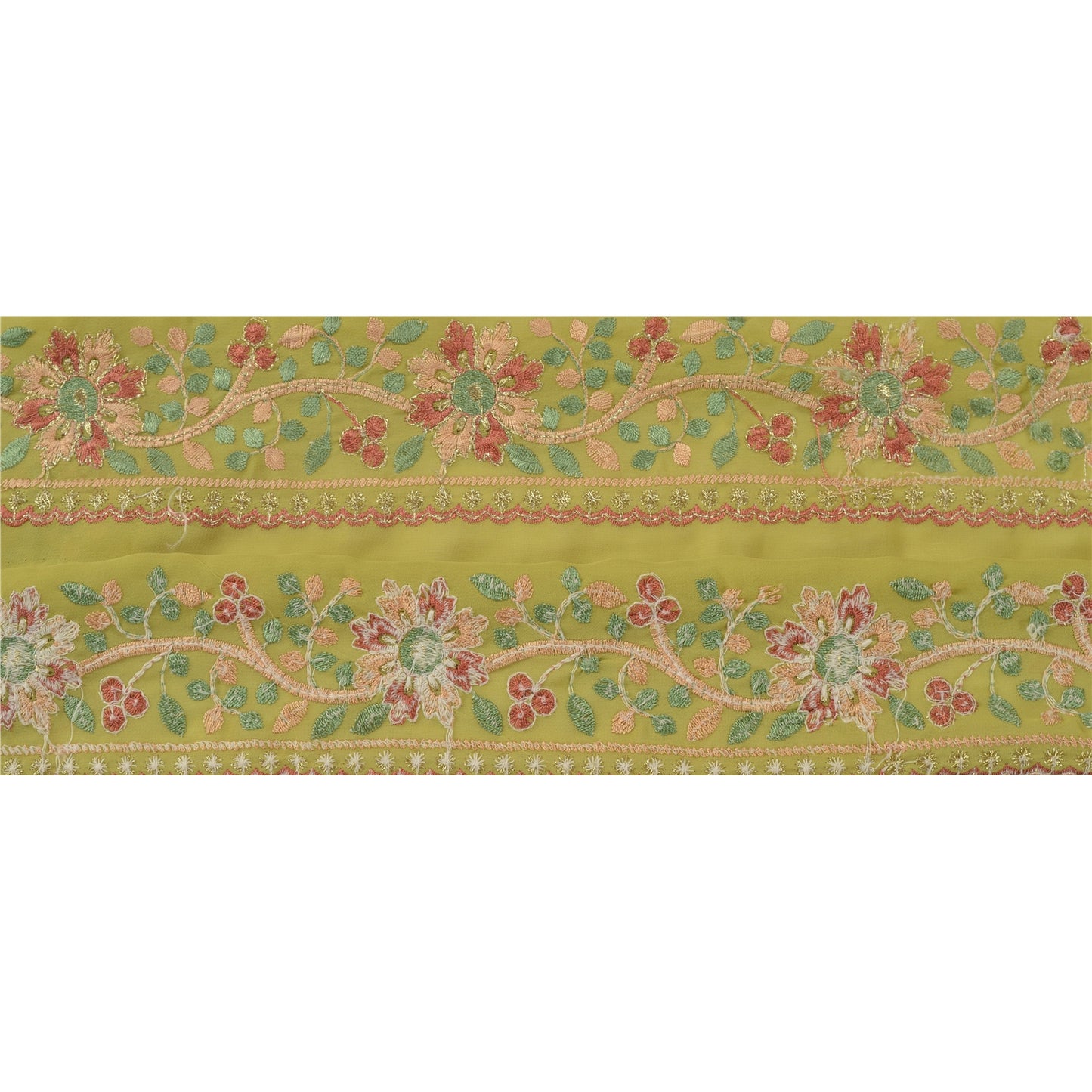 Sanskriti Vintage Sari Border Embroidred 1 Yd Trim Sewing Green Craft Floral Lace