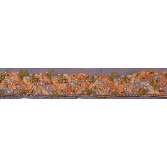 Sanskriti Vintage Sari Border Hand Embroidered 1Yd Craft Trim Ribbon Purple Lace