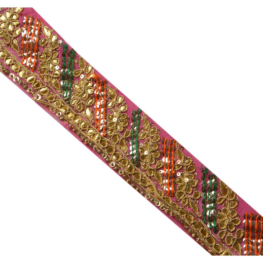 Sanskriti Vintage Sari Border Hand Beaded 1 Yd Trim Sewing Pink Gota Patti Lace