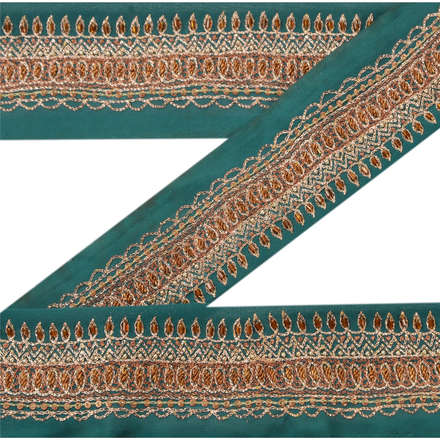 Sanskriti Vintage Border Hand Beaded 1 YD Indian Trim Ribbon Green Zari Lace