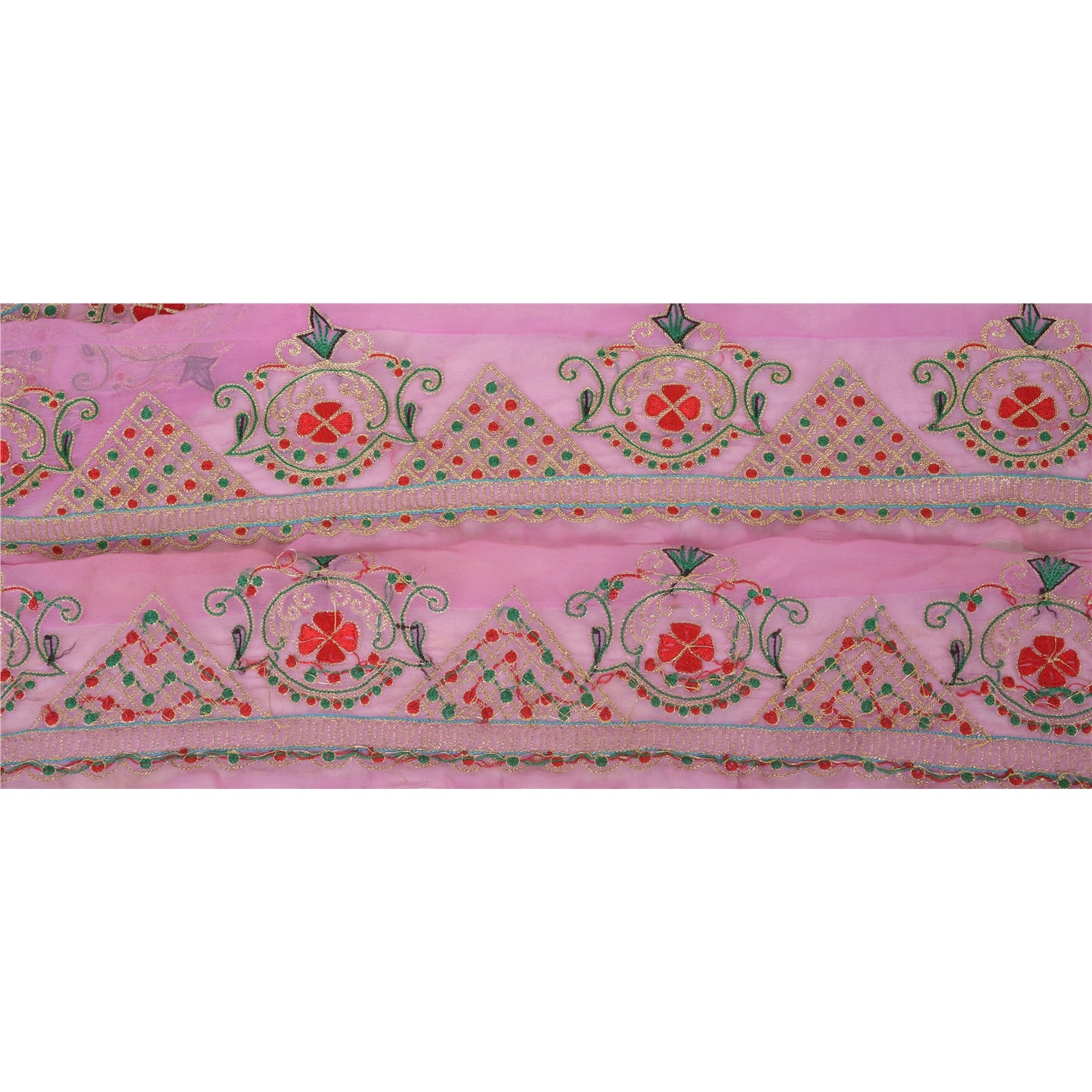 Sanskriti Vintage Sari Border Hand Beaded 1 Yd Indian Trim Sewing Pink Zari Lace