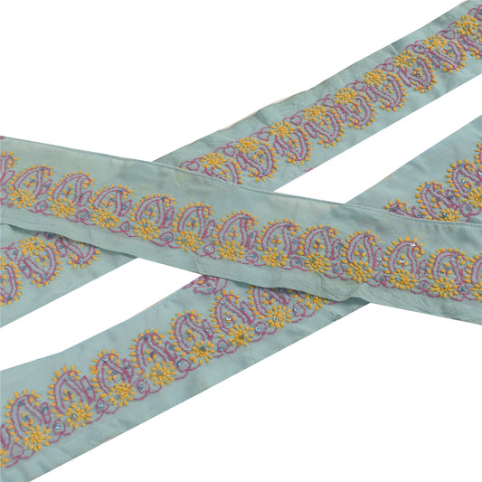 Sanskriti Vintage Chikankari Sari Border Hand Embroidered 1 YD Sewing Blue Lace