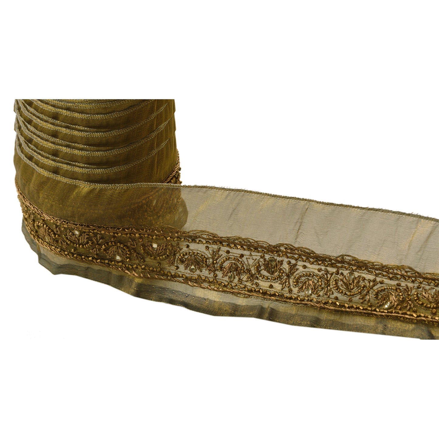 Sanskriti Vintage Sari Border Hand Beaded 1 Yd Indian Trim Ribbon Golden Lace