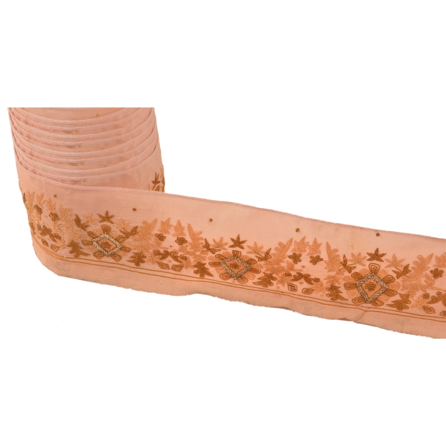 Sanskriti Vintage Sari Border Hand Embroidered 1 YD Zardozi Peach Craft Lace