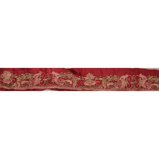 Sanskriti Vintage Sari Border Hand Embroidered 1 Yd Trim Ribbon Dark Red Lace