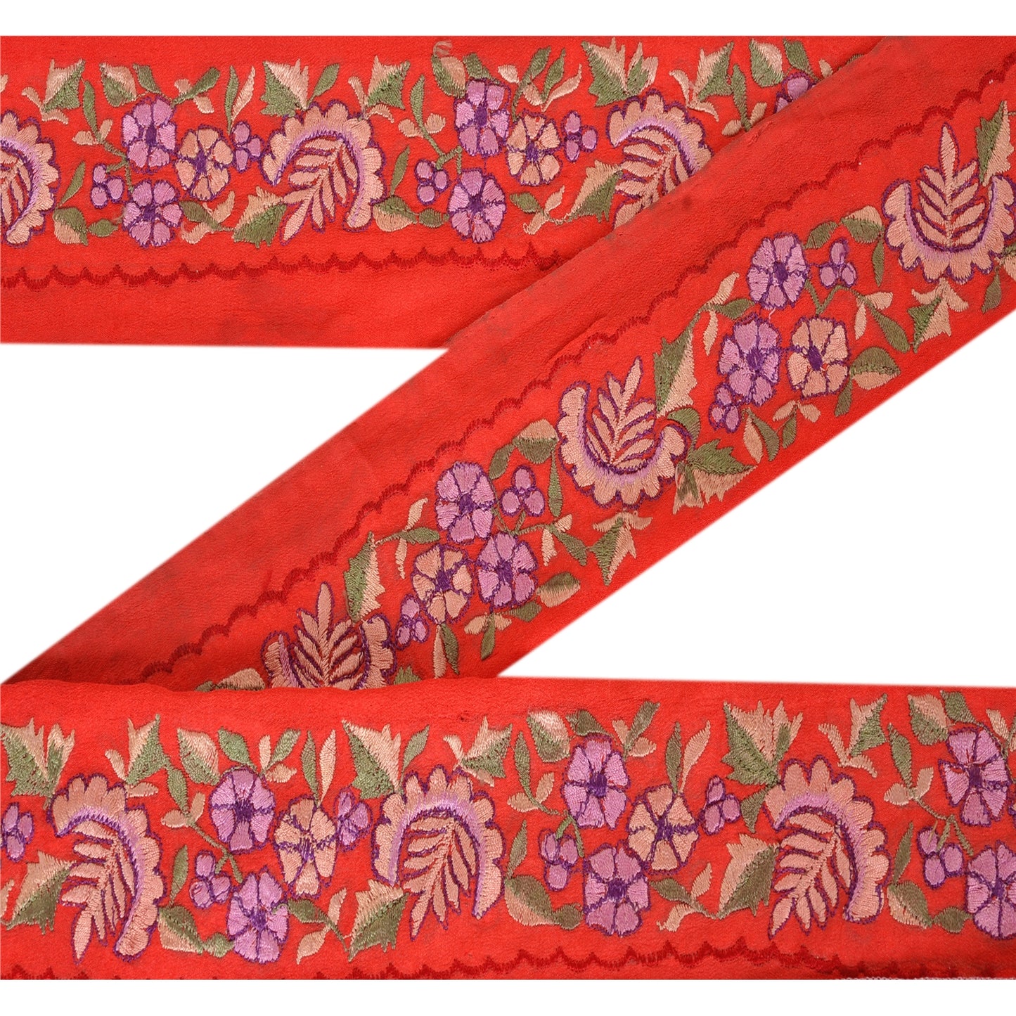 Sanskriti Vintage Border Antique Embroidered 1Yd Trim Sewing Red Craft Deco Lace