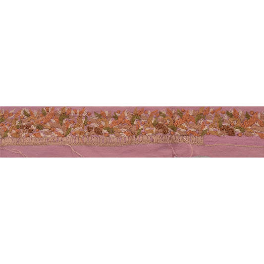Sanskriti Vintage Sari Border Hand Embroidered 1 YD Craft Trim Ribbon Pink Lace