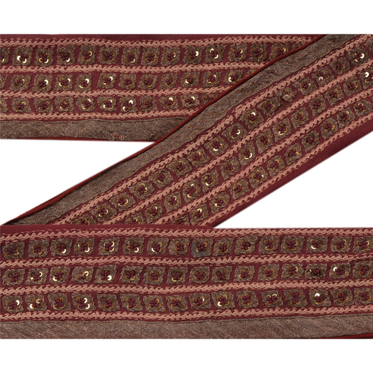 Sanskriti Vintage Border Hand Beaded Sequins 1YD Indian Trim Dark Red Patch Lace