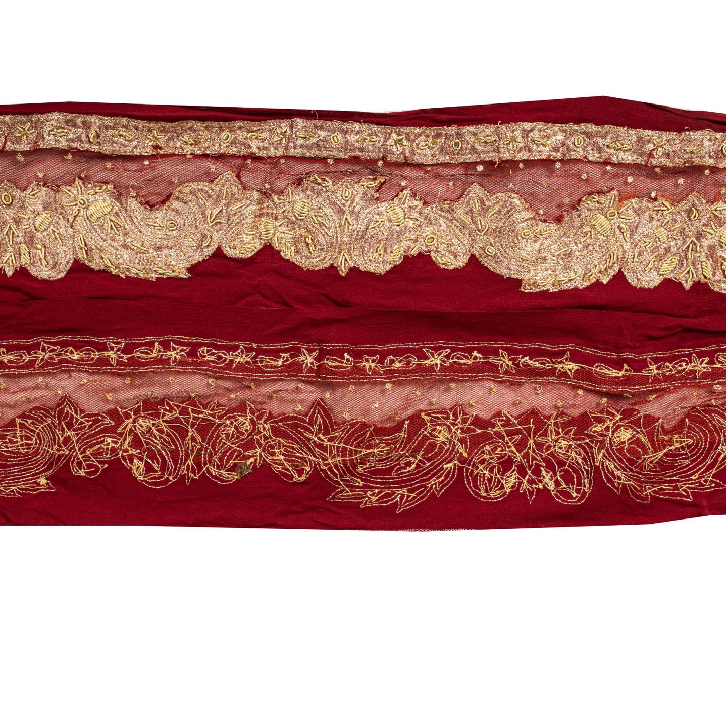 Sanskriti Vintage Red Net-Silk 1 YD Sari Border Trim Hand Embroidered Zardozi