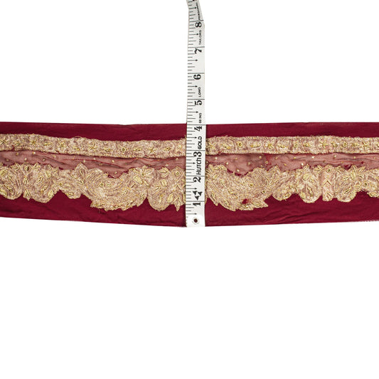 Sanskriti Vintage Red Net-Silk 1 YD Sari Border Trim Hand Embroidered Zardozi