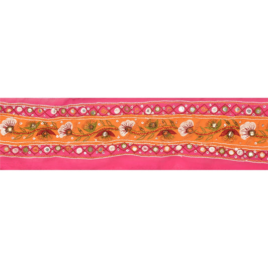 Sanskriti Vintage Border Hand Beaded 1 Yd Indian Trim Sewing Pink Mirror Lace