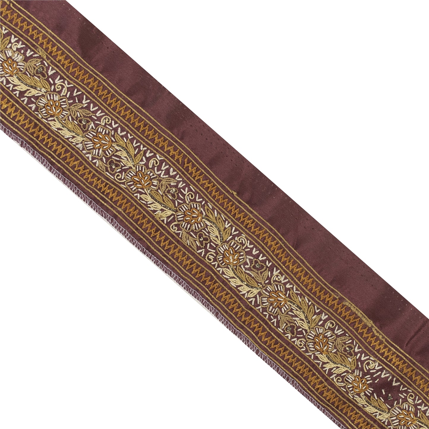 Sanskriti Vintage Border Antique Hand Embroidered 1 YD Trim Ribbon Dark Red Lace