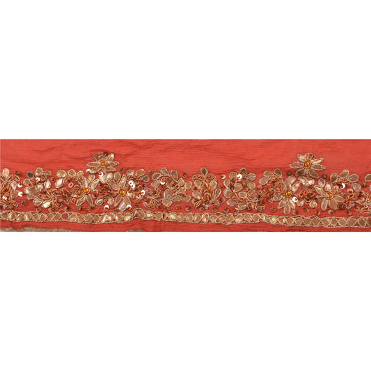 Sanskriti Vintage Sari Border Hand Beaded 1Yd Indian Trim Sewing Red Decor Lace