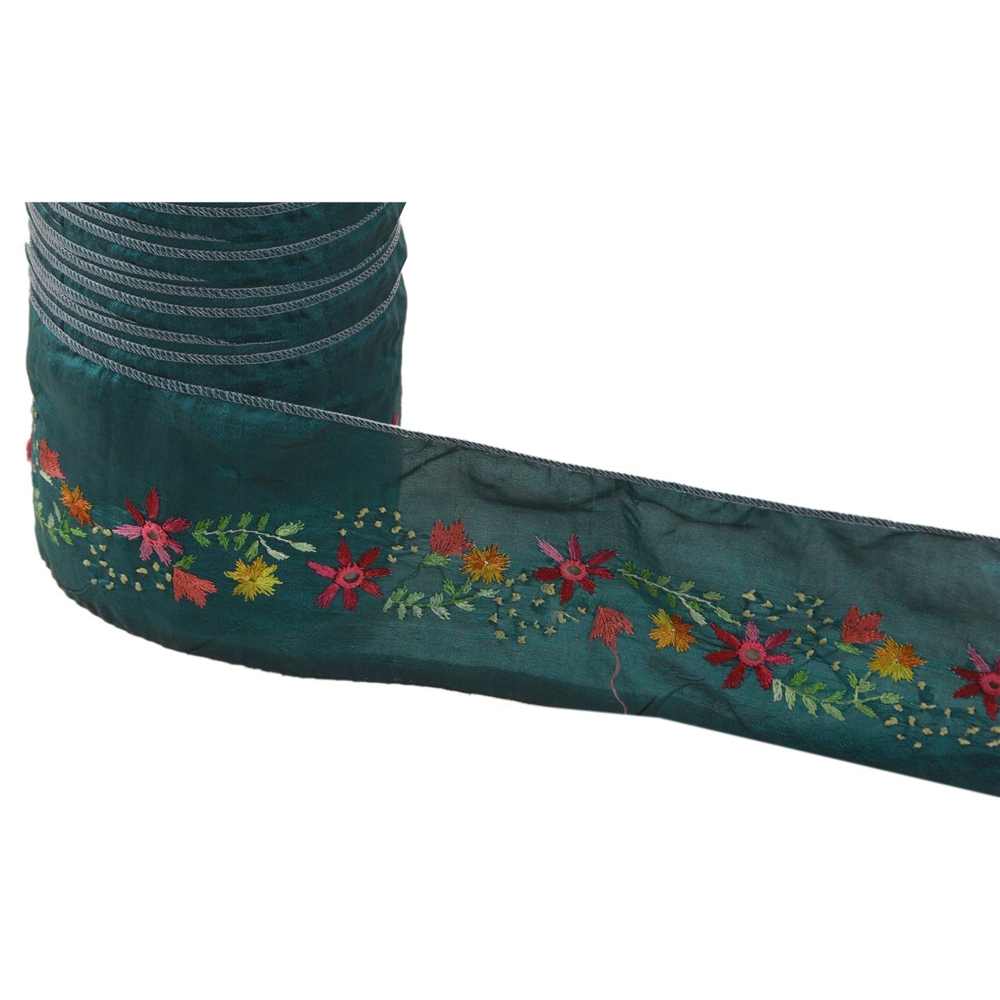 Sanskriti Vintage Sari Border Hand Embroidered 1 Yd Craft Trim Ribbon Green Lace