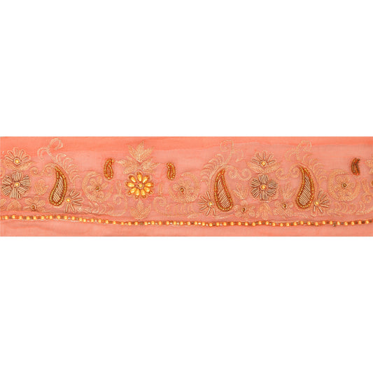 Sanskriti Vintage Saree Border Hand Beaded 1 Yard Trims Sewing Peach Decor Lace