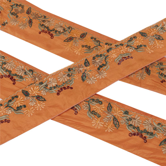 Sanskriti Vintage Sari Sarees Border Embroidered 1 YD Trim Orange Pure Silk Lace