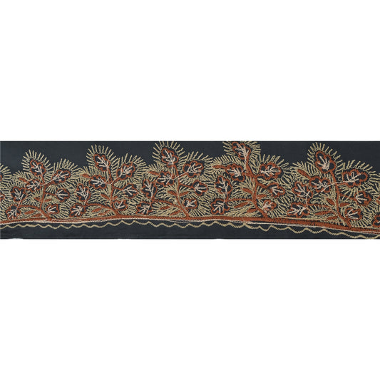 Sanskriti Vintage Sari Border Hand Embroidered 1 YD Trim Sewing Grey Craft Lace