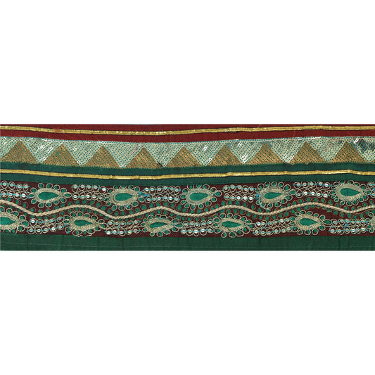 Sanskriti Vintage Green Sari Border Hand Beaded Indian Craft Trim 1 Yd Lace