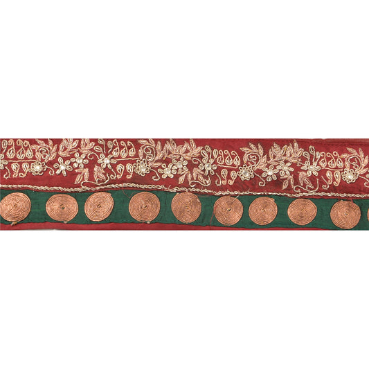 Sanskriti Vintage 1 Yd Sari Border Hand Beaded Indian Trim Sewing Dark Red Lace