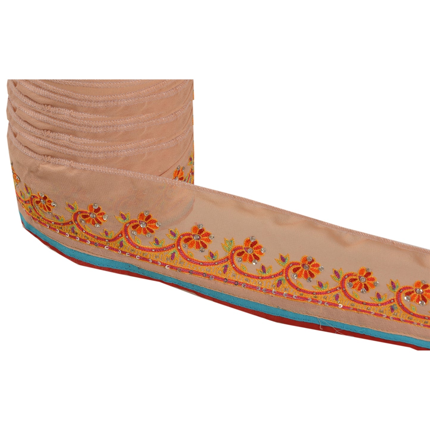 Sanskriti Vintage 1 YD Sari Border Hand Beaded Craft Trim Sewing Peach Lace