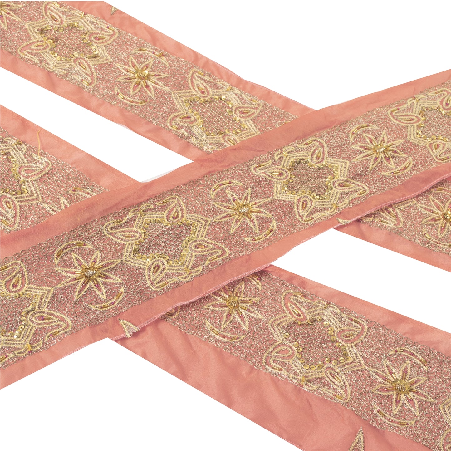 Sanskriti Vintage 1 YD Sari Border Hand Beaded Zari Craft Trim Sewing Peach Lace