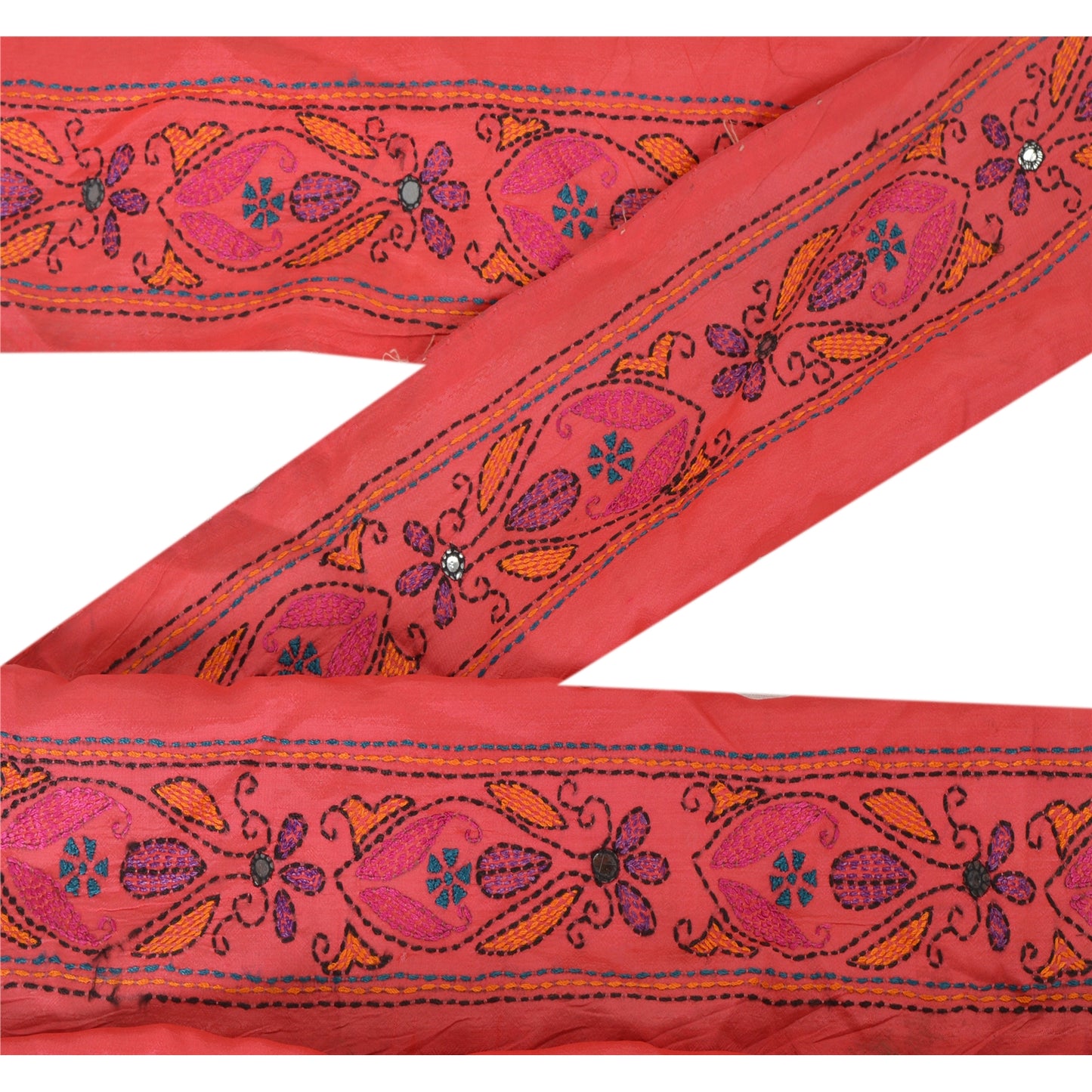 Sanskriti Vintage 1 YD Sari Border Craft Hand Embroidered Kantha Trim Pink Lace