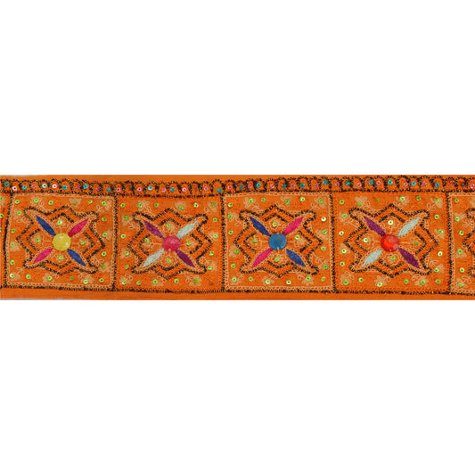 Sanskriti Vintage 1 YARD Sari Border Hand Beaded Craft Trim Sewing Orange Lace