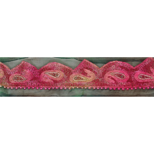 Sanskriti Vintage 1 YD Sari Border Hand Beaded Craft Trim Sewing Green Lace