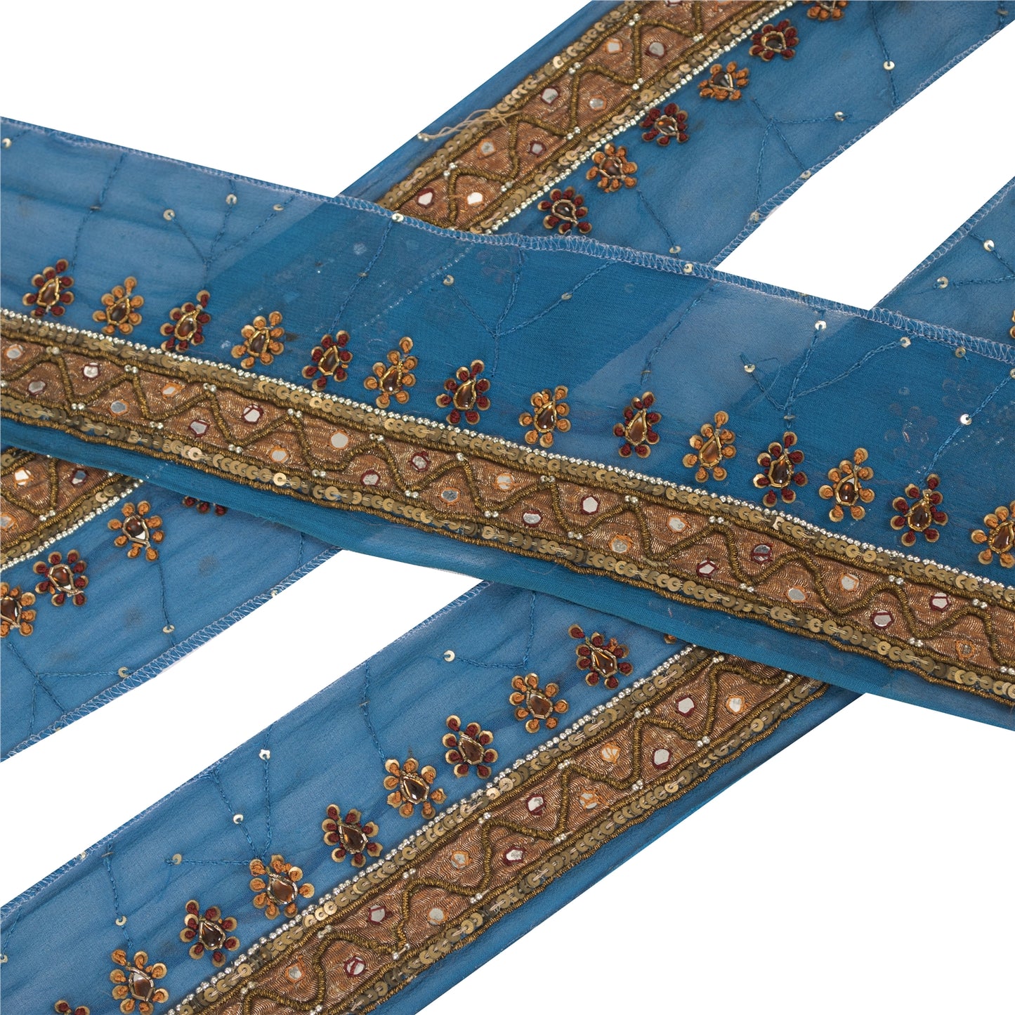 Sanskriti Vintage 1YD Sari Border Hand Beaded Trim Dabka ZardoziRibbon Blue Lace