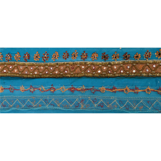 Sanskriti Vintage 1YD Sari Border Hand Beaded Trim Dabka ZardoziRibbon Blue Lace