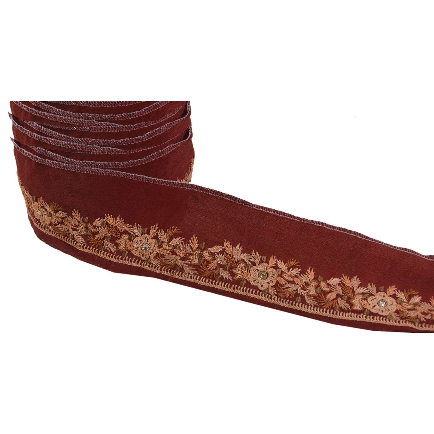 Sanskriti Vintage 1 Yd Sari Border Hand Beaded Craft Trim Ribbon Dark Red Lace
