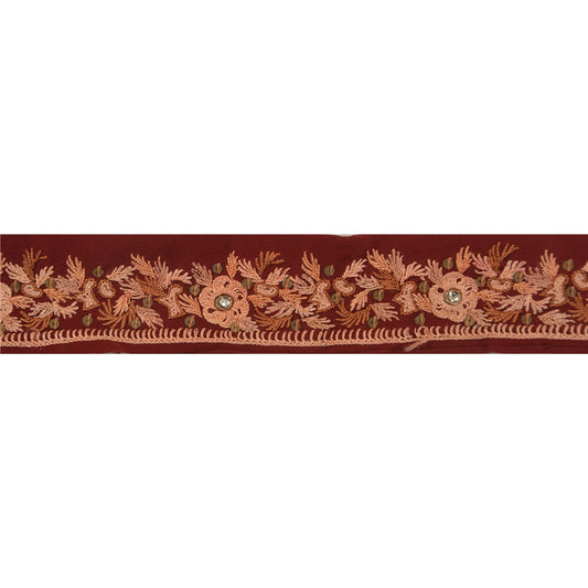 Sanskriti Vintage 1 Yd Sari Border Hand Beaded Craft Trim Ribbon Dark Red Lace