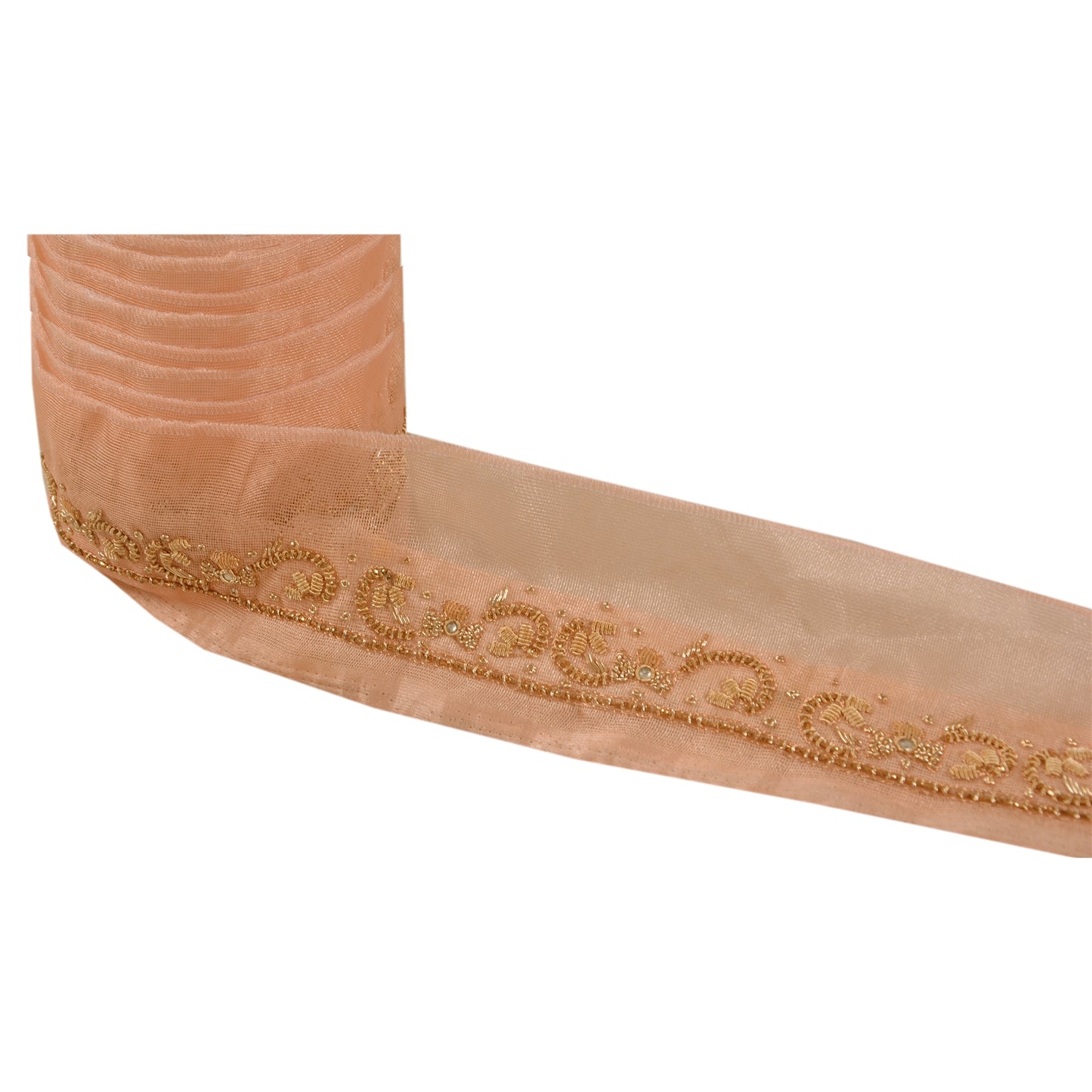 Sanskriti Vintage 1 Yd Sari Border Hand Beaded Trim Ribbon Peach Craft Lace