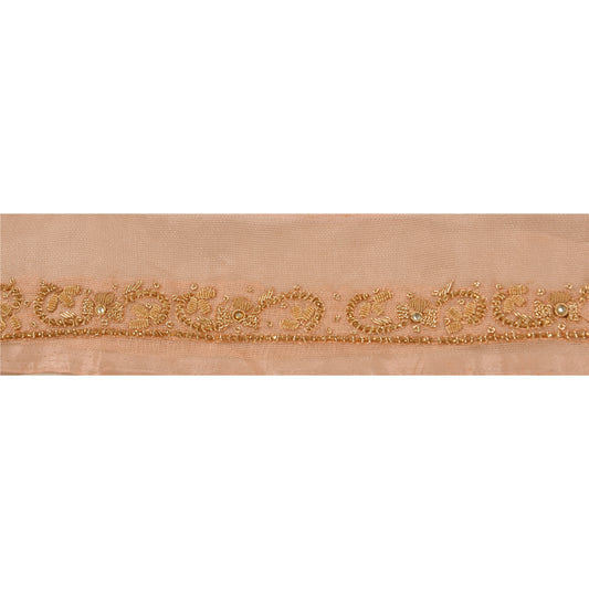 Sanskriti Vintage 1 Yd Sari Border Hand Beaded Trim Ribbon Peach Craft Lace