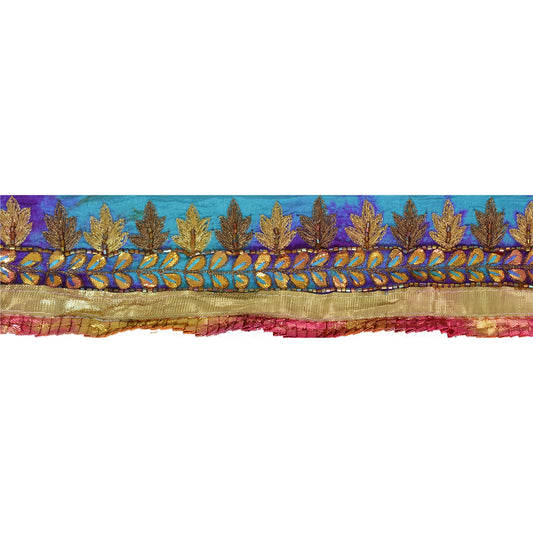 Sanskriti Vintage 1 Yd Tie & Dye Sari Kant Håndperlet Kant Håndlavet Blå Blonde