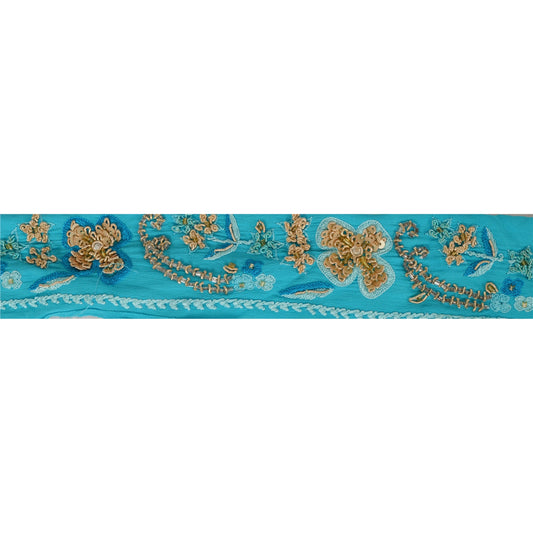 Sanskriti Vintage 1 YD Sari Trim Border Hand Beaded Sewing Blue Craft Decor Lace