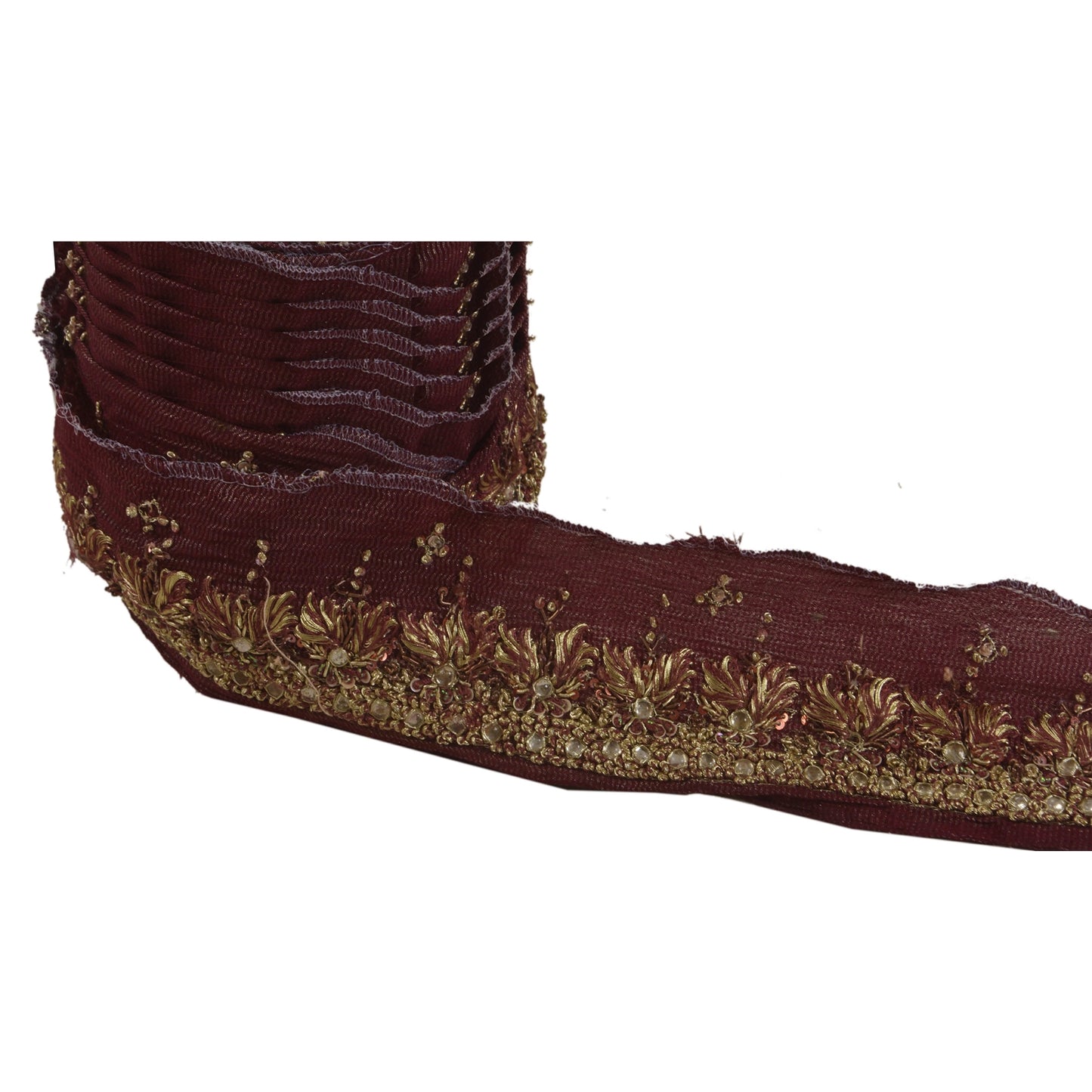 Sanskriti Vintage 1 YD Sari Border Hand Beaded Woven Sewing Brown Craft Lace