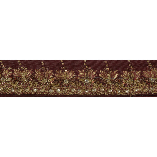 Sanskriti Vintage 1 YD Sari Border Hand Beaded Woven Sewing Brown Craft Lace