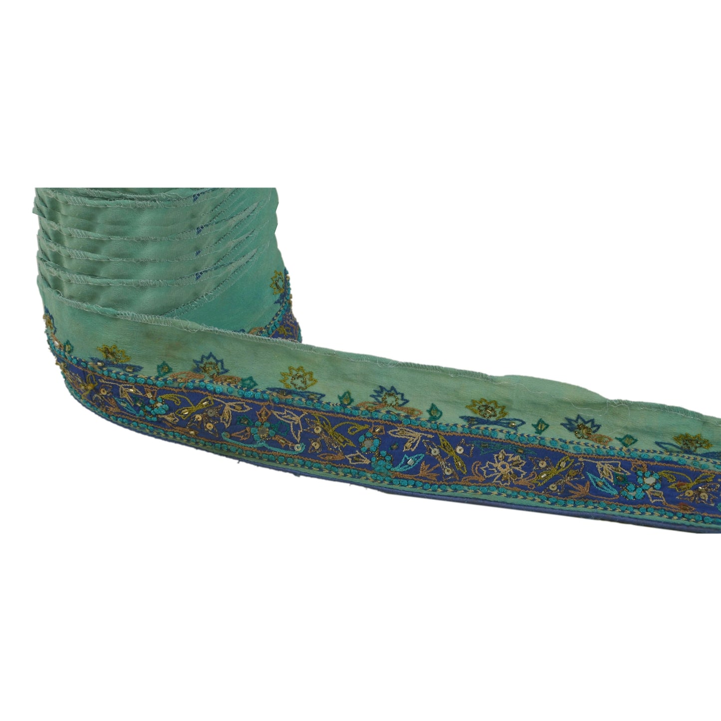 Sanskriti Vintage 1 Yd Sari Border Hand Beaded Trim Sewing Green Craft Lace