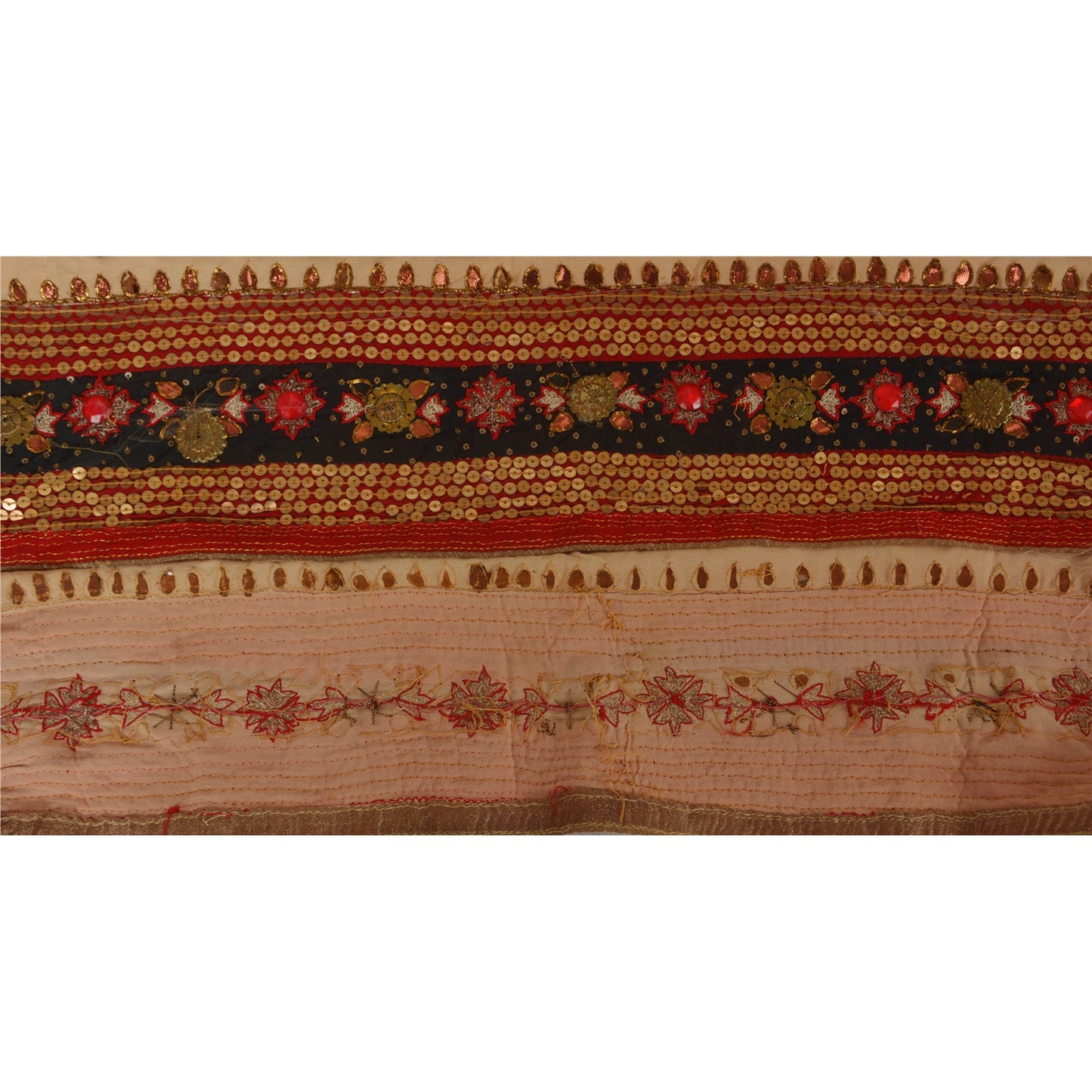 Sanskriti Vintage 1 Yd Sari Border Hand Beaded Trim Sewing Red Sequins Lace