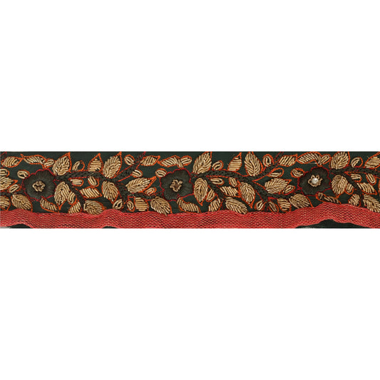 Sanskriti Vintage 1 Yd Sari Kant Antik Håndperlet Bånd Grøn Blonde