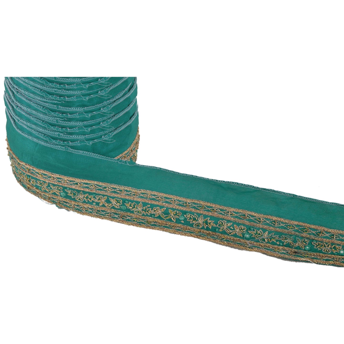 Sanskriti Vintage 1 Yd Sari Border Antique Hand Beaded Craft Ribbon Green Lace
