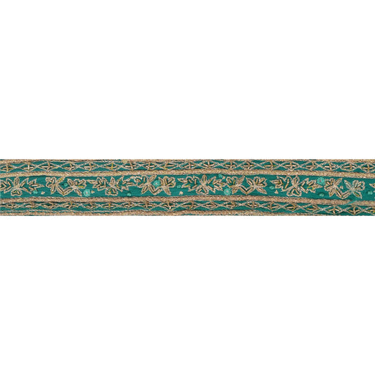 Sanskriti Vintage 1 Yd Sari Border Antique Hand Beaded Craft Ribbon Green Lace
