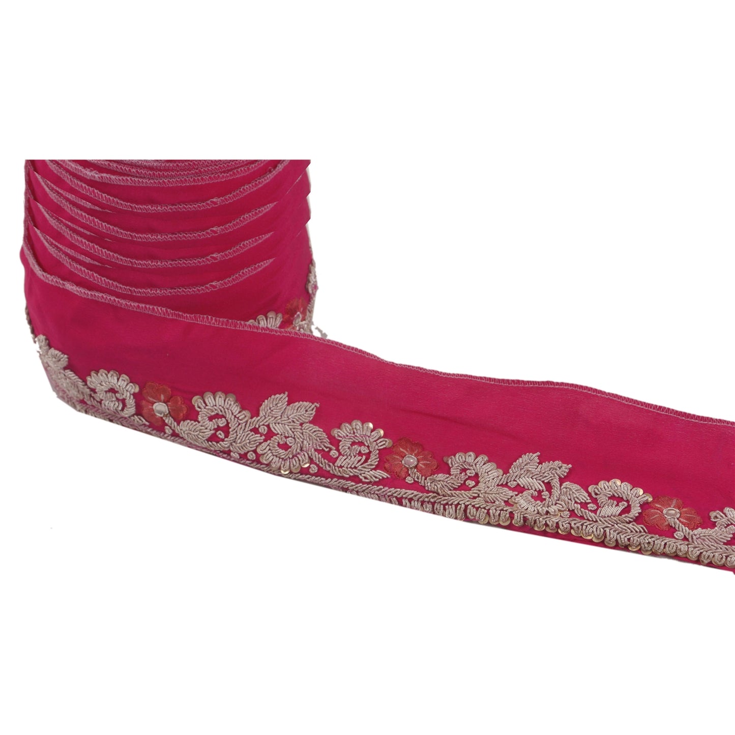 Sanskriti Vintage 1 Yd Sari Border Hand Beaded Craft Ribbon Pink Kundan Lace