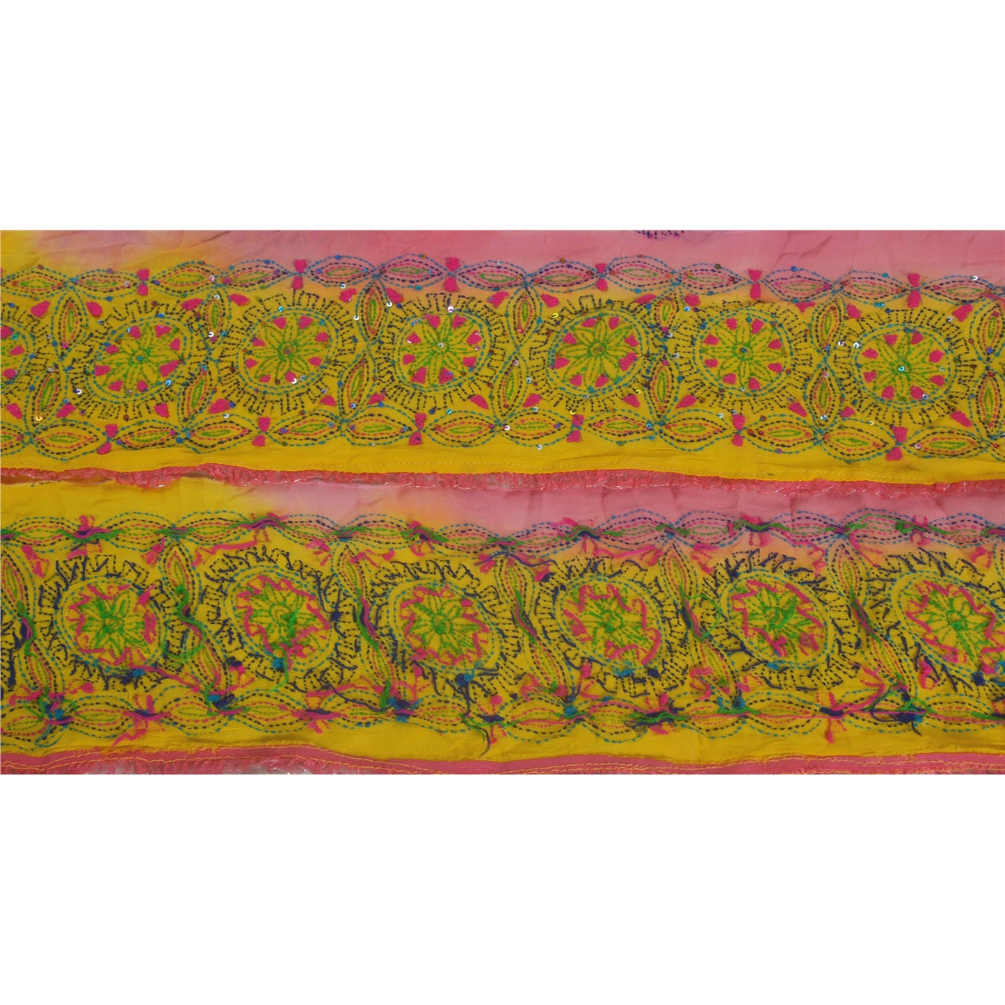 Sanskriti Vintage 1 YD Kantha Sari Border Hand Beaded Trim Sewing Yellow Lace