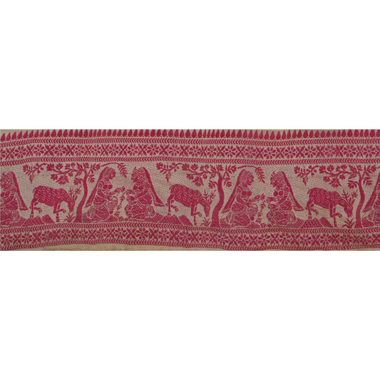 Sanskriti Vintage 1Yd Sari Border Antique Woven Baluchari Trim Sewing Cream Lace