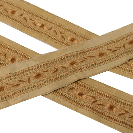 Sanskriti Vintage Sari Border Craft Brown Trim Hand Embroidered Sewing Lace 1 YD