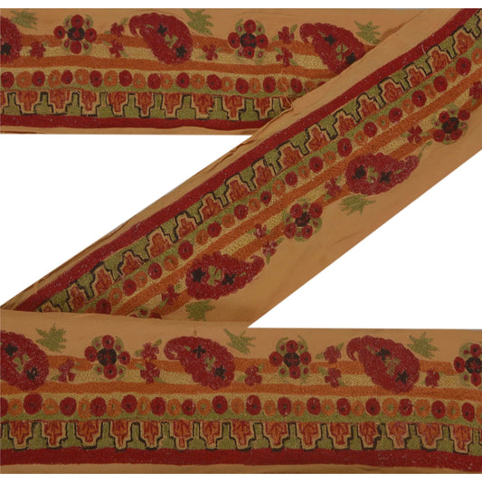 Sanskriti Vintage Cream Sari Border Embroidered Indian Craft Trim 1 YD Deco Lace